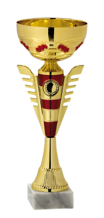 Pokal Gold/Rot mit Platz für ein Mini Emblem